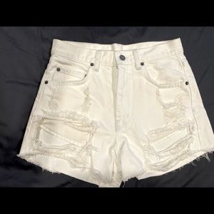 High rise white denim shorts